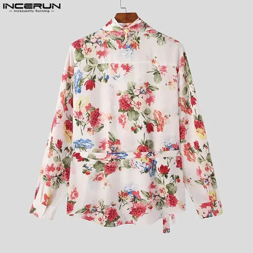 INCERUN 남성 패션 프린트 패턴 벨트 디자인 셔츠, 캐주얼 루즈핏 편안한 긴팔 블라우스, 2023 미국 스타일 6