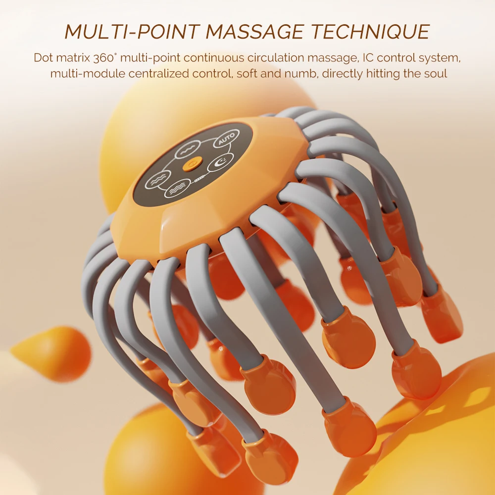 24Massage Heads Orange Scalp Head Massager 360° Rota Red Light Vibrator Octopus Scratcher For Relaxation Stress Migraine
