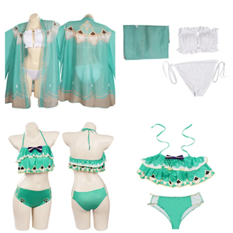 

Костюм для косплея Genshin Impact Venti, бикини, топ, шорты, купальник, плащ, наряды, женский пляжный костюм на Хэллоуин, карнавал, женский костюм