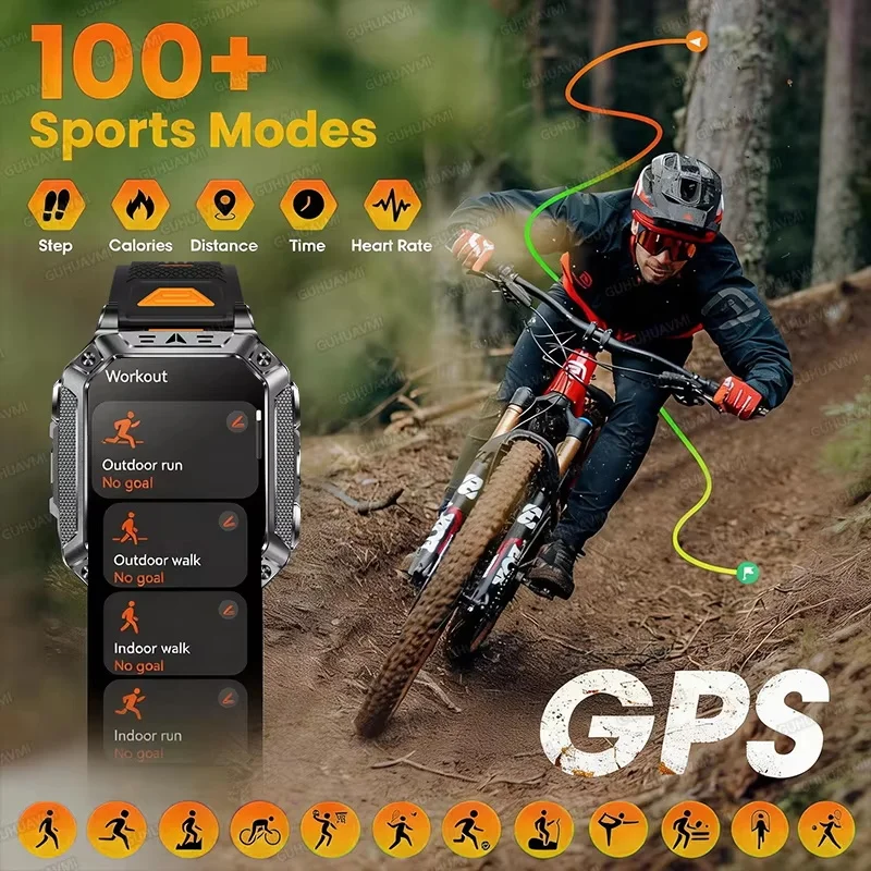 2026 Outdoors Durable GPS Men Sports Smart Watch 2.01” 1400mAh Battery LED Flashlight Waterproof Bluetooth Call Military Watch 4