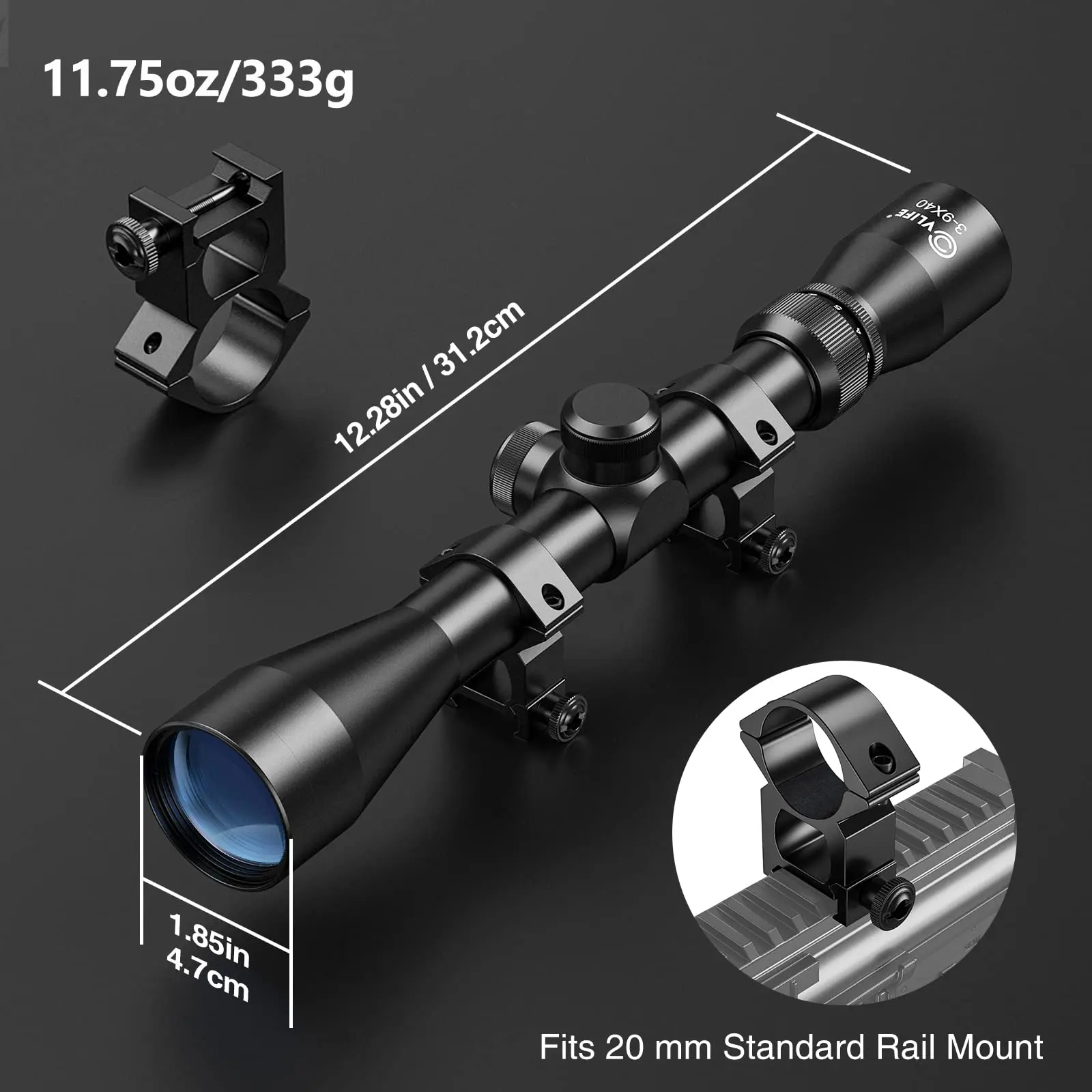 CVLIFE 3-9x40 Rifle Scope 20mm Optics R4 Reticle Crosshair Hunting Riflescope Tactical Mounts Black