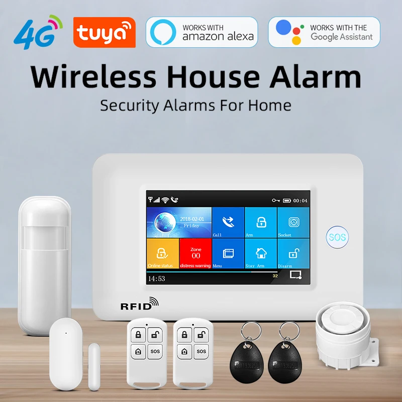 HIVI 4G Touch Screen Smart Home Burglar Security Alarm Systems 433MHz Tuya Wireless WIFI With Siren Smoke Detector Door Sensor