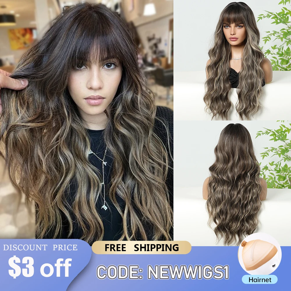 EASIHAIR Ash Brown Highlight Synthetic Wigs Long Wavy Wig With Bangs for Women Ombre Mixed Color Daily Use Wig Heat Resistant