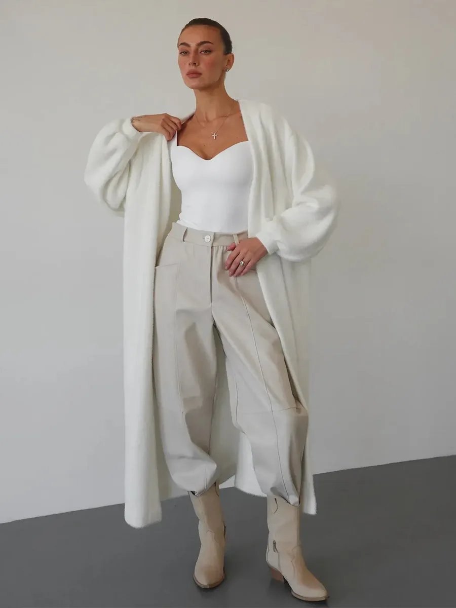 Bornladies Women's Belted knitted Sweater Cardigan Lantern Sleeve Extended Length Coat New Autumn Winter