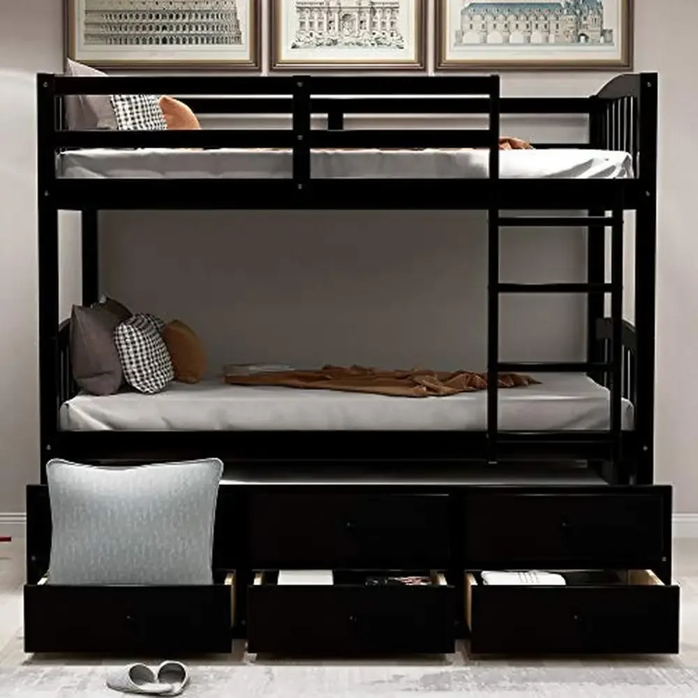 Twin Trundle Bunk Bed with 3 Drawers Kids Bedroom Guest Room Sturdy Easy Assembly Safe Rails Separate Beds Storage- 79.5"L x 2