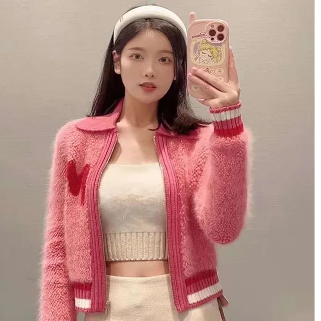 레터 M 니트 가디건 어깨 패드 캐시미어 밍크 스웨터 코트