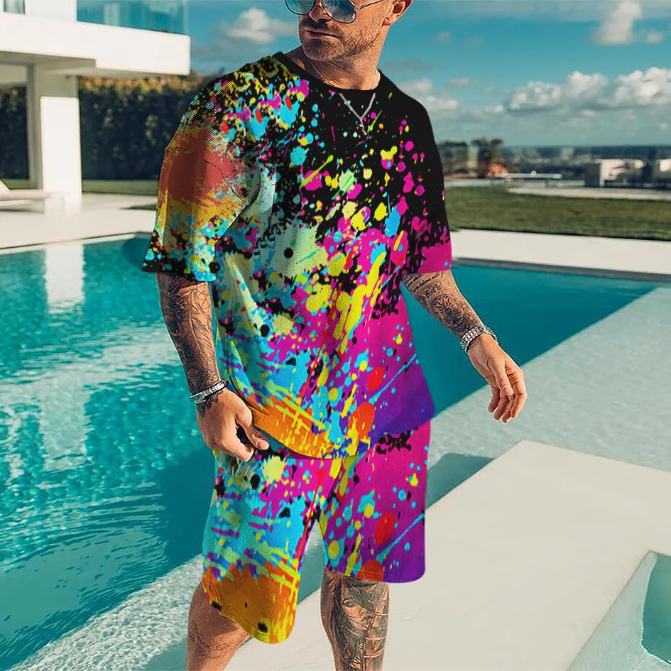 Colorful Graffiti 3D Print Summer Men’s Tracksuit Fashion Short Sleeve T-Shirt Sets O-Neck Sportswear Outfits Male Clothing