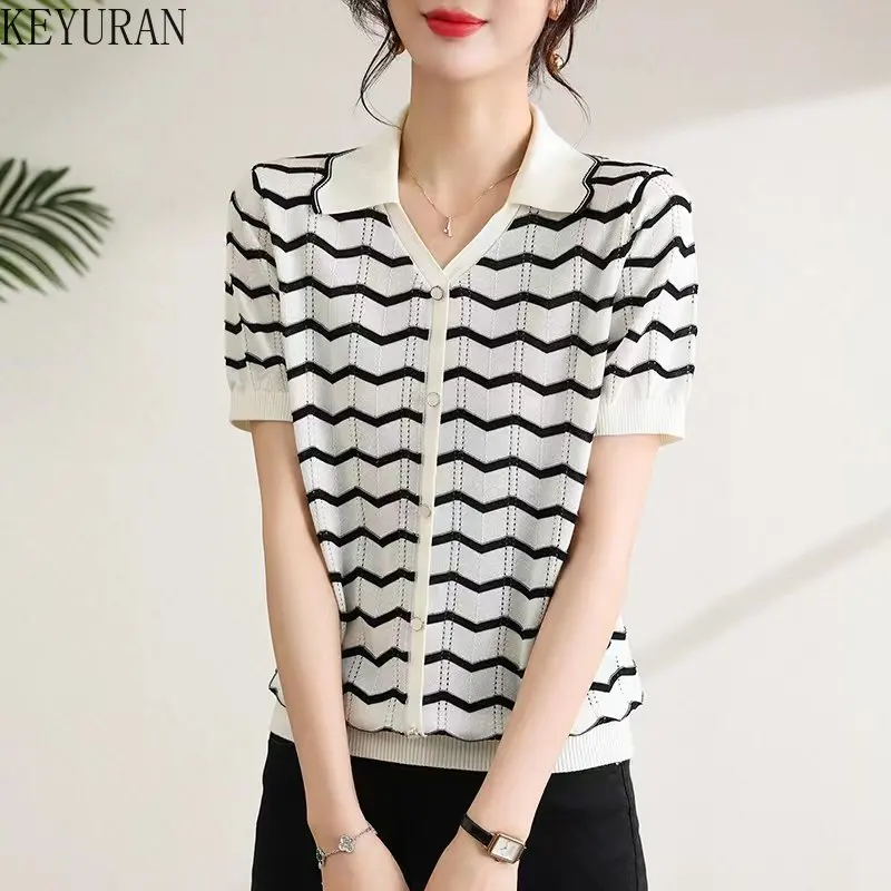 

Summer Striped Knitted T-Shirt Women's Versatile Button Vintage Turn Down Collar Short Sleeve Women Sweaters Pullover Pull Femme