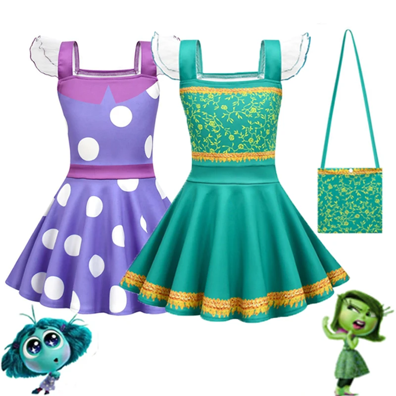 Inside Out 2 Joy Dress for Girls Cartoon Disgust Cosplay Costume Halloween Carnival Clothes Kids Princess Birthday Outfits