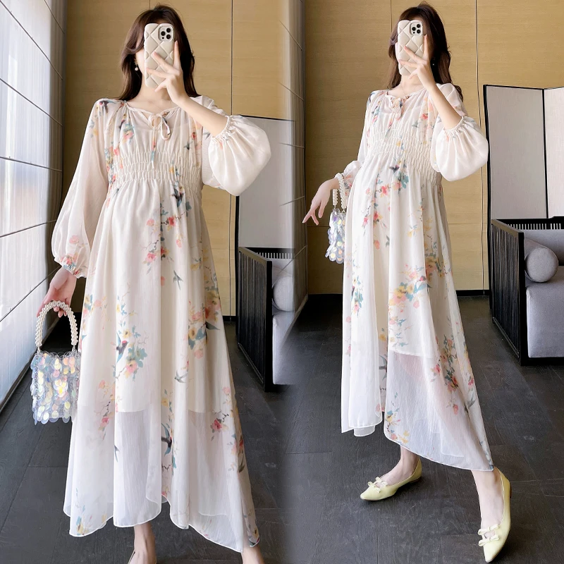 

Maternity Dress Suits Long Lantern Sleeve V-Neck Fashion Printing Pregnant Woman Chiffon Dress with Lining Pregnancy Beach Dress