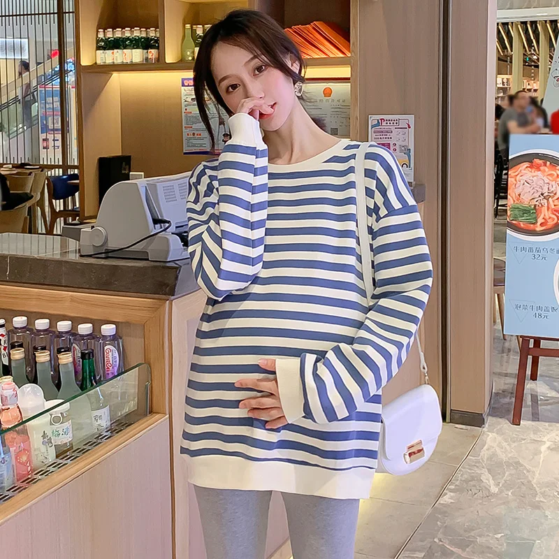 

973# Autumn Korean Fashion Striped Cotton Maternity Hoodies Chic Ins Loose Sweatshirt Shirt for Pregnant Women Pregnancy Tops