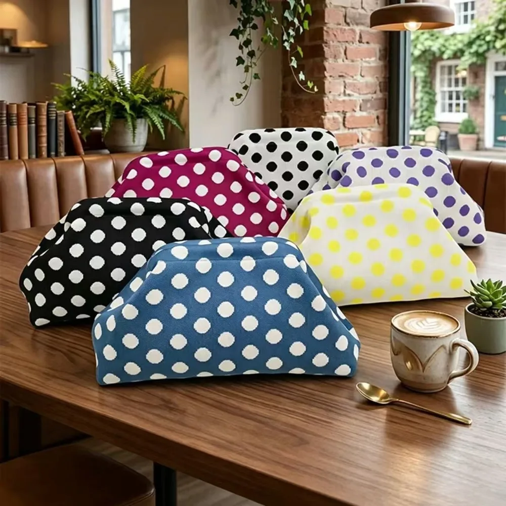 Borsa per il trucco retrò europea e americana a pois, custodia cosmetica portatile di grande capacità con blocco colore lavorato a maglia