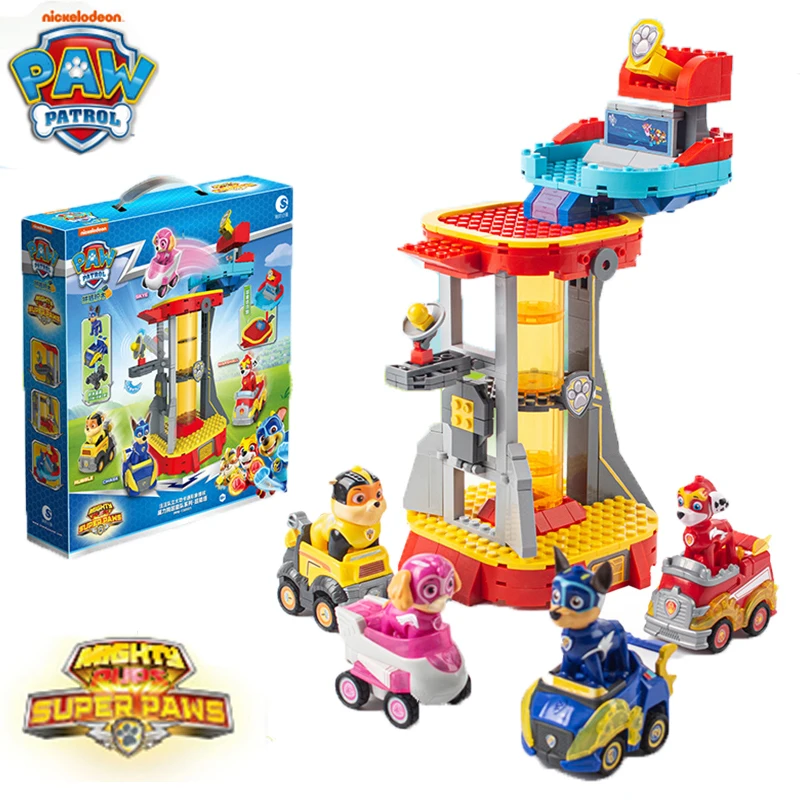 New Genuine Paw Patrol Tower Block Toy Mighty Pup Super Paws Con 4 Block Action Figure Toy Car Bambola Giocattolo Per Bambini