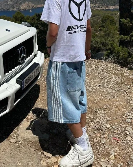 Y2K Denim Shorts Mens Womens HCW Striped Embroidery Retro Loose Summer Shorts Harajuku Hip Hop Casual Gym Streetwear denim shorts,summer jeans shorts