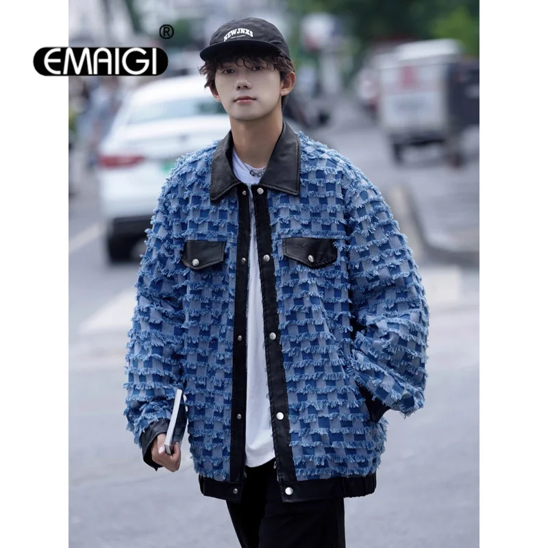 

Autumn Denim Jacket Patchwork Men's Cityboy Streetwear Fashion Loose Causal Jeans Splice Leather Jacket Women Spring Coat