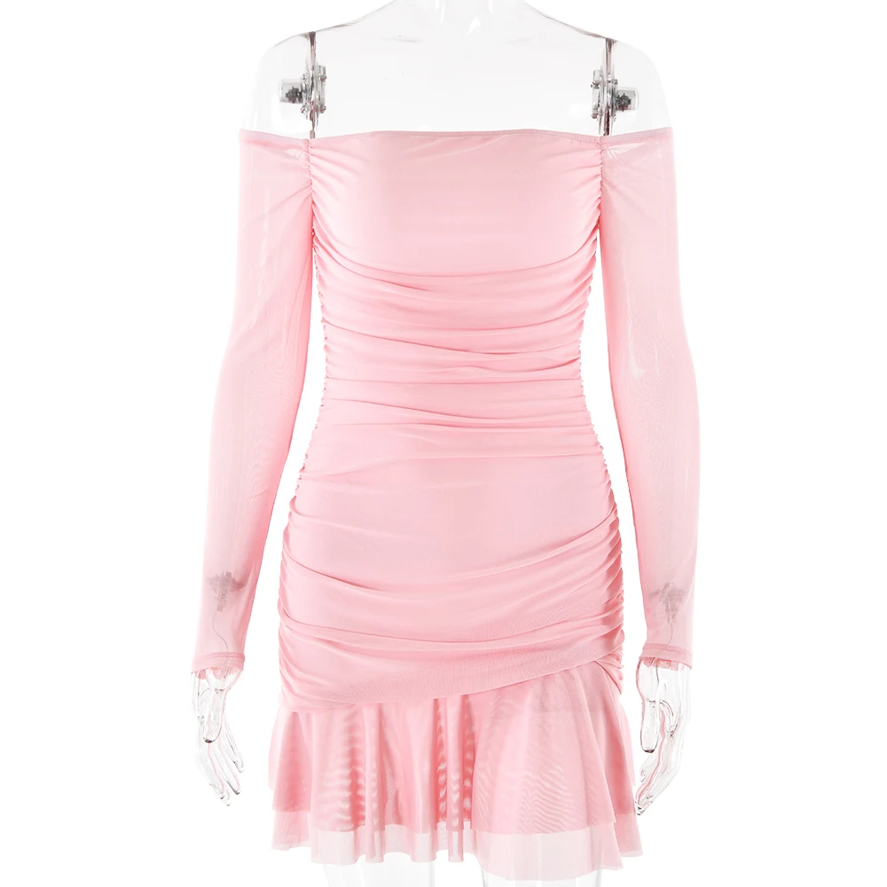 Elegant One Shoulder Double Layer High Elasticity Tight Dress For Women Bodycon Fall Female Party Evening Dress