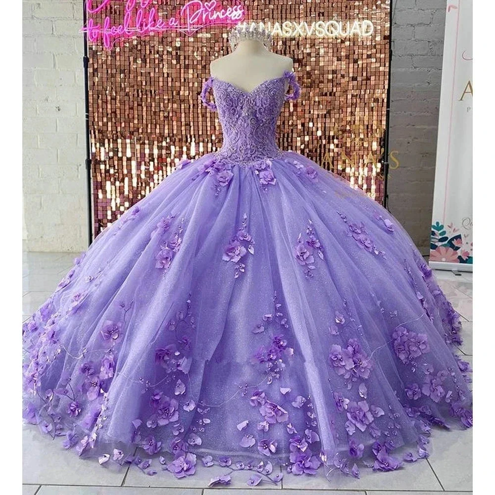 

Glittering Lavender Quinceanera Dresses 3D Floral Appliques Crystal Beading Corset Floor Length Vestidos De 15 Anos