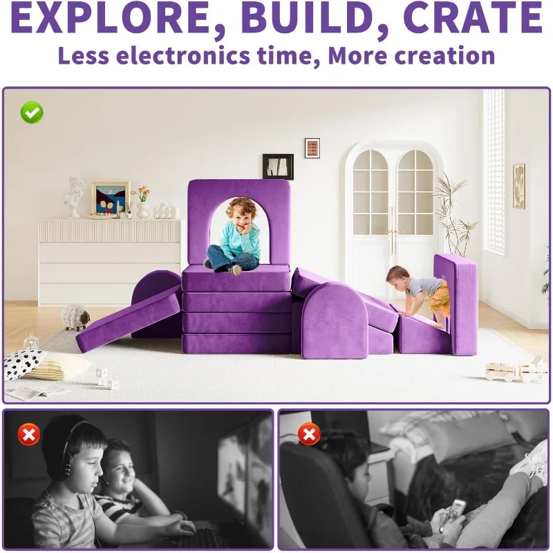 10PCS Purple Modular Play Couch for Playroom Bedroom 10 in 1 Multi-functional Sofa for Playing Creativing Sleeping Toddler Couch 6