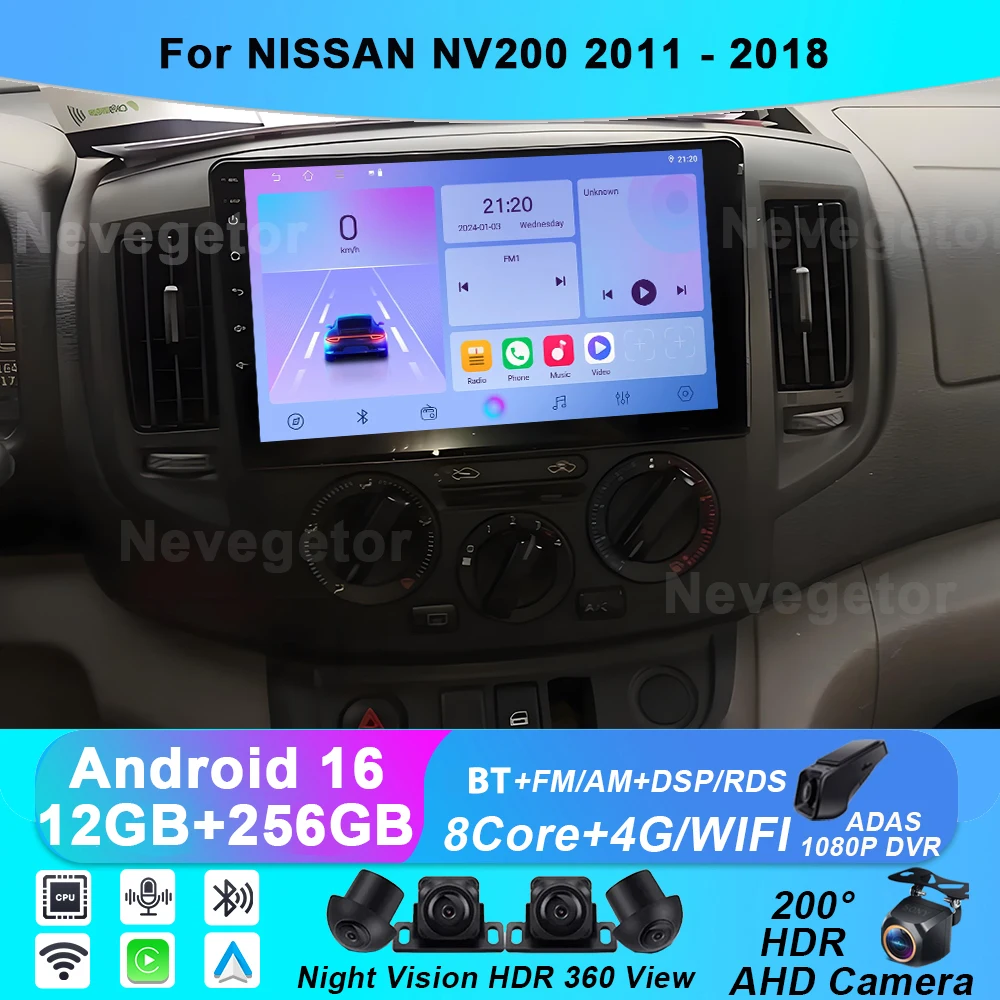 Radio para Auto NISSAN NV200 2011 2012 2013 2014 2015 2016 2017 2018 con GPS, Navegación Android, Reproductor 16, Carplay, 4G, WIFI, BT, Sin 2din 1
