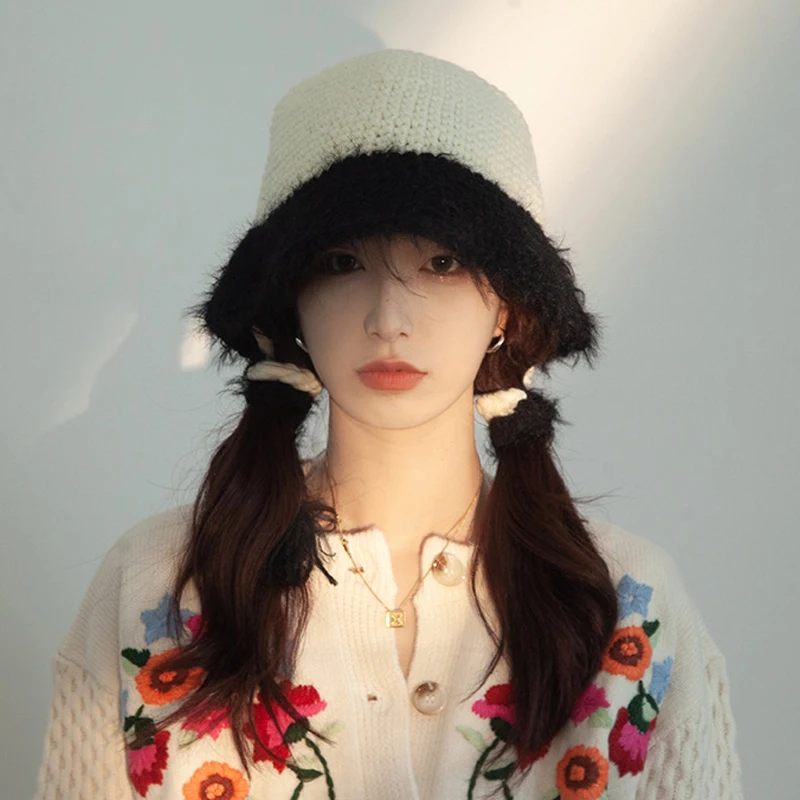 

Winter Hats Woman Long Braid Woolen Fur Hat Fisherman Cap Girls Beanie Korean Color Match Ear Protection Warm Knitted Bucket Hat