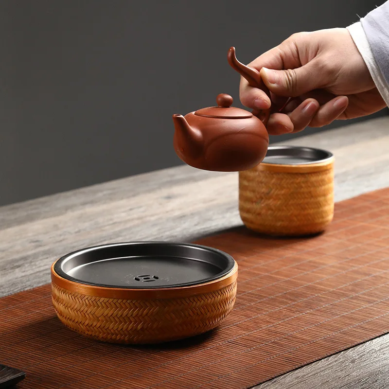 

Handmade Bamboo Woven Water Storage Pot, KungFu Tea Plate, Chinese Style Household, Dry Brewing Table, Circular Tea Sea