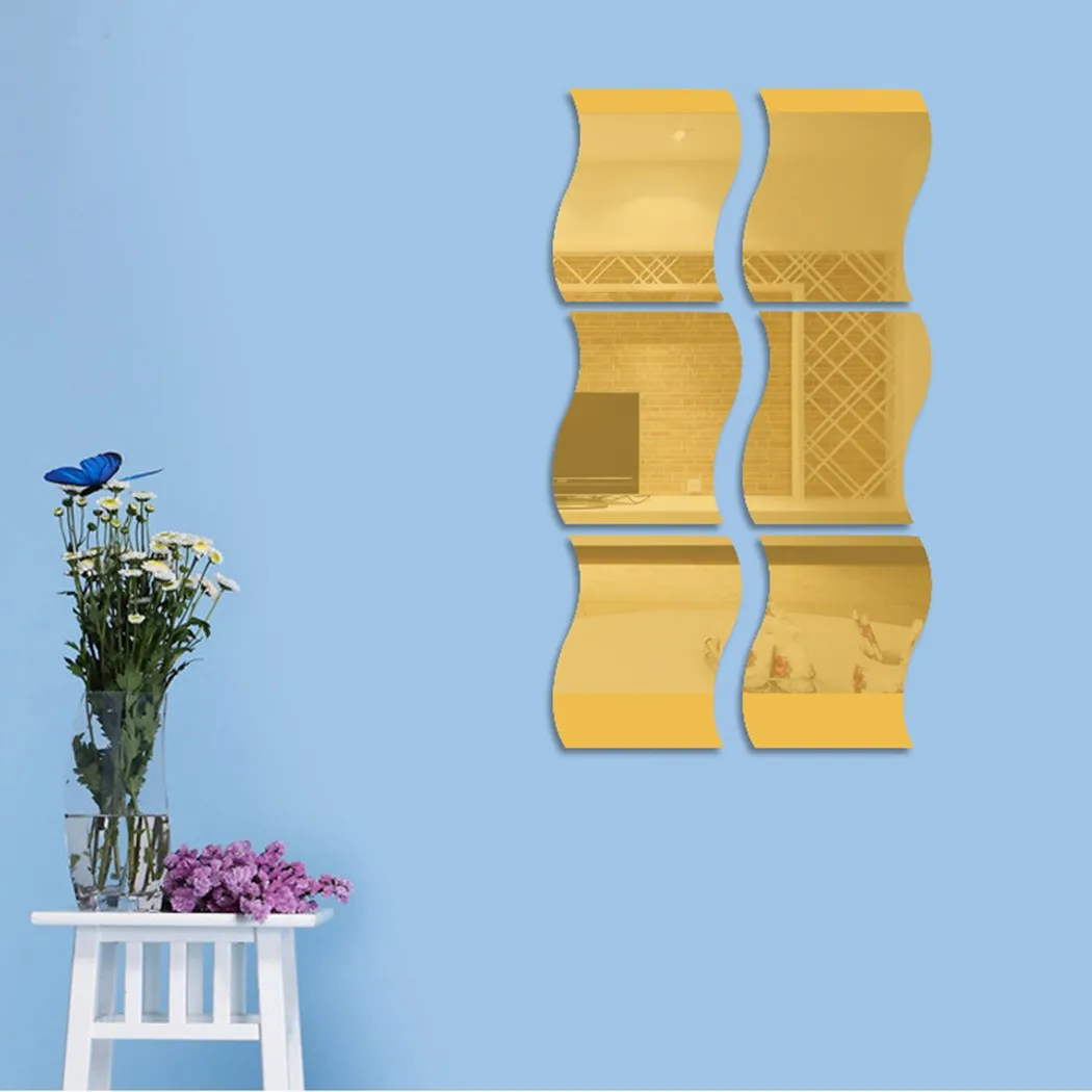 Mirror Tiles Wall Stickers Self Adhesive Acrylic Mirror Wall Stickers Wave Shapes Bedroom Bathroom Arts Decals Home Decor 6PCS Wall Stickers