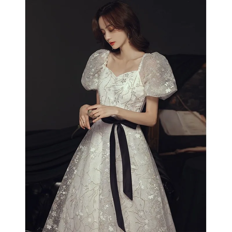 

White Organza Prom Dress French Style Vintage Lace-up Embroidered Princess Puff Sleeves Square Collar Birthday Party Vestidos