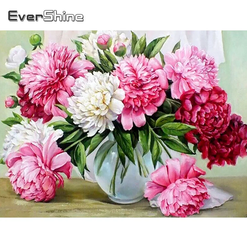 EverShine Full Square Round Diamond Embroidery Flower Cross Stitch Diamond Painting Peony Rhinestones Pictures Handicrafts Gift