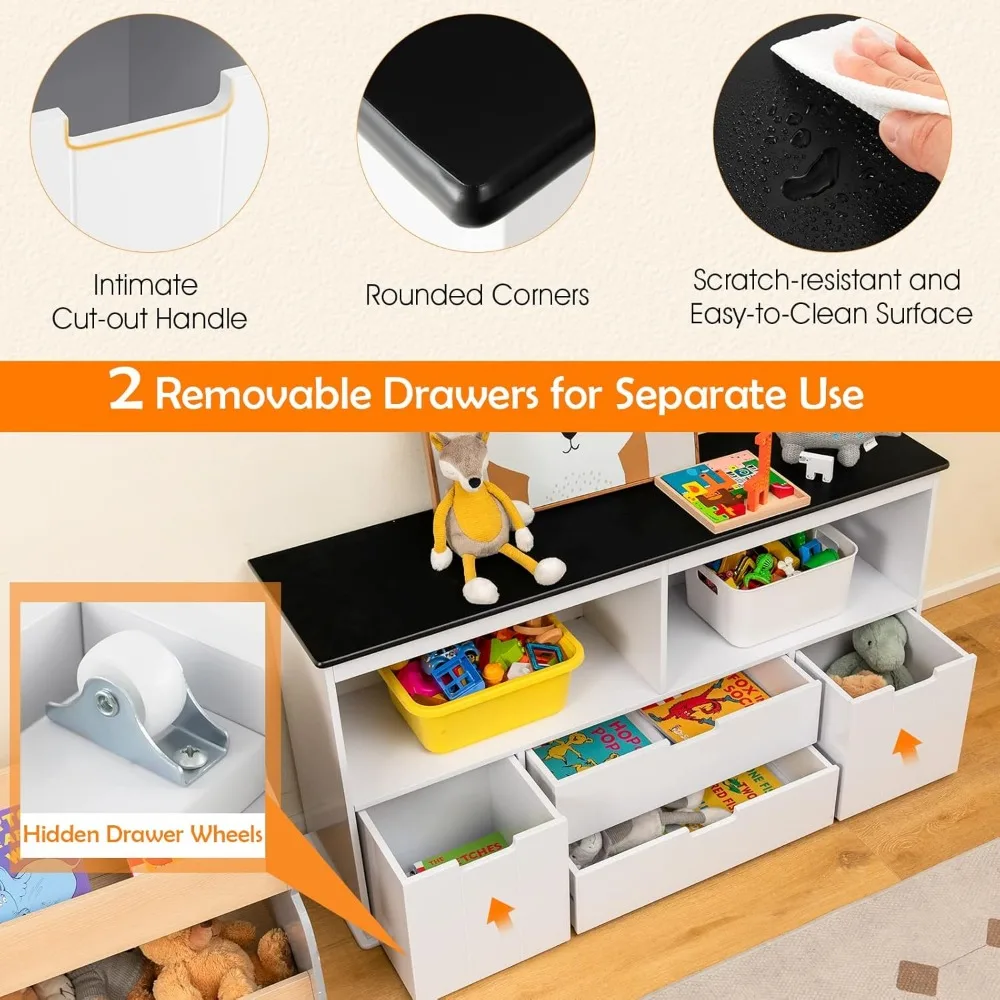 Kids Toy Storage Organizer with Bins, Children Daycare Shelf w/Blackboard Top, Wooden Toy Box w/Wheels & Drawers 4