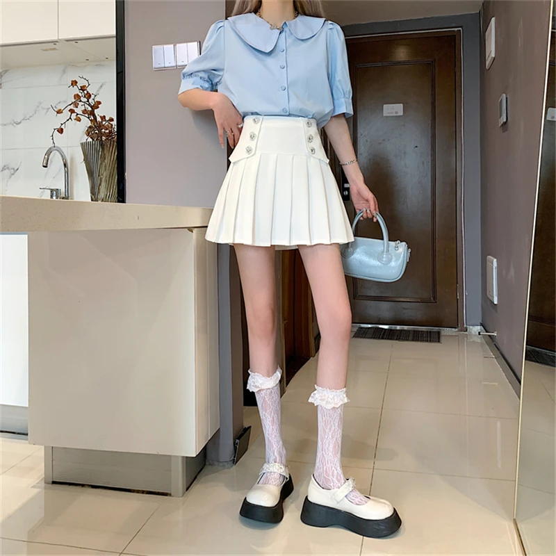 silk skirt Women Pleated Skirts Black White Elegant A-Line Skirt Casual Spring Summer Sweet E-Girls Drill Double Breasted Skirts Dance Show nike skirt