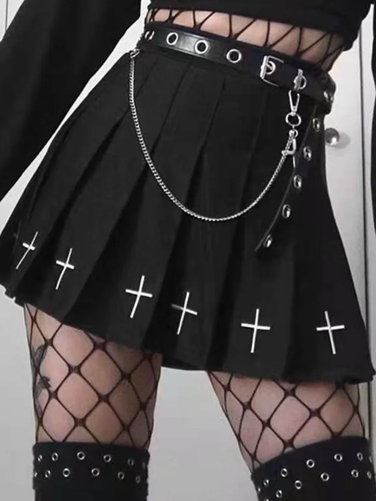 

High Waist Mini Black Skirts Gothic Streetwear Cross Print Pleated Women Skirts Casual College Lolita Harajuku Skirt