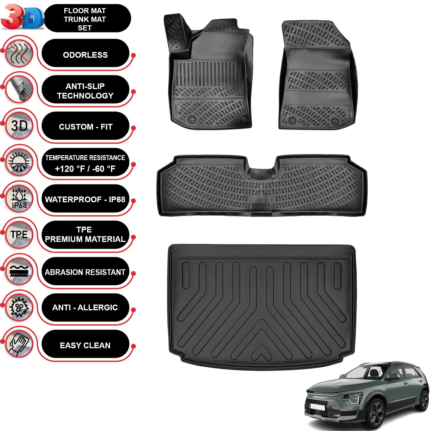 Kit Tapis de Sol et Coffre pour Kia E-Niro 2018-2022 TPE Noir – omac-france