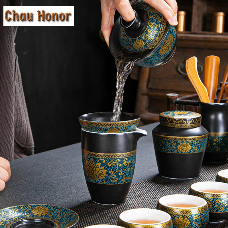 170ml Black Glazed Ceramic Sancai Gaiwan Painted Gold Heap Flower Tea Bowl Kung Fu Tea Set Handmade Tea Brew Tea Cup Accessories