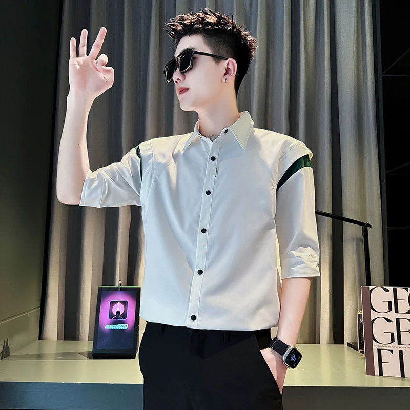 Elegant Fashion Harajuku Slim Fit Ropa Hombre Loose Casual All Match Shirt Pointed Collar Button Thin Style Middle Sleeve Blusa