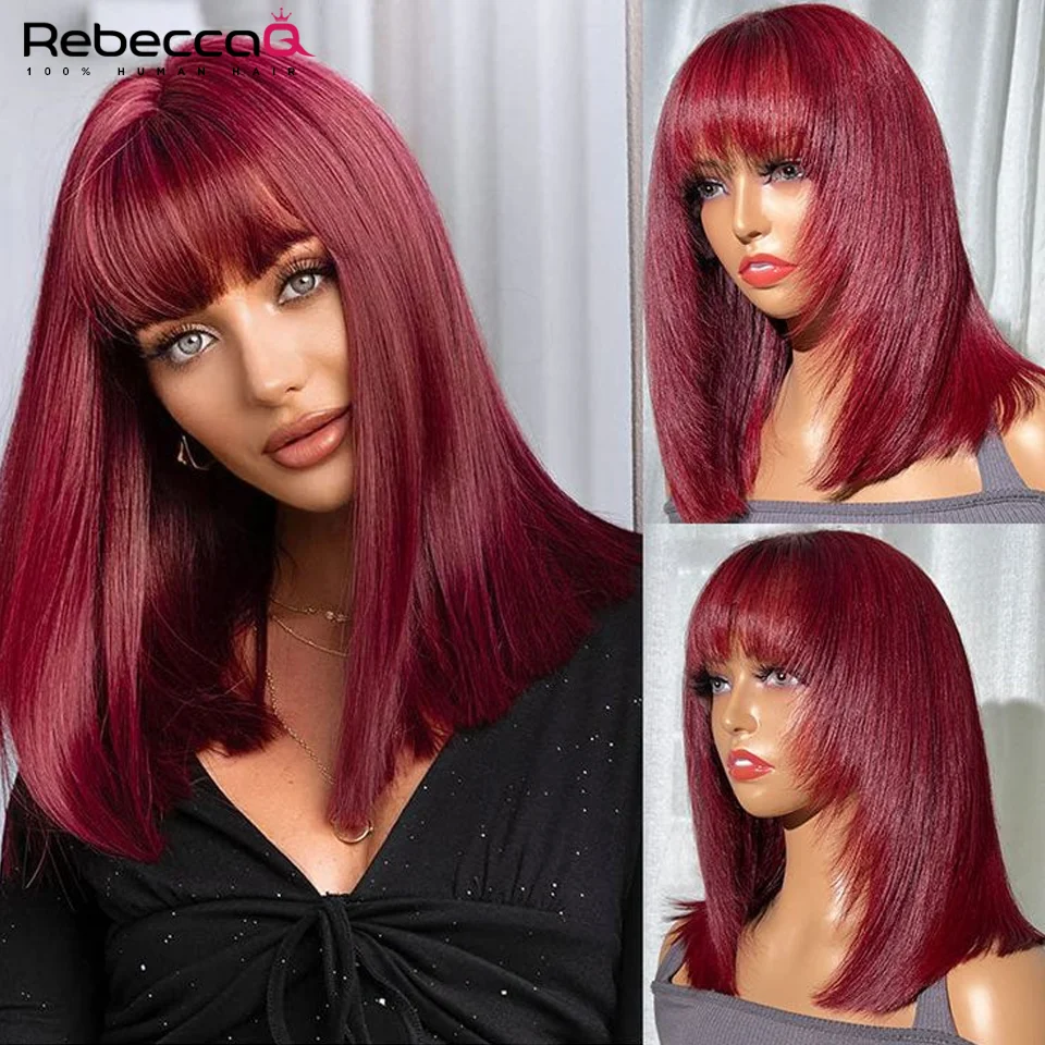 99J Red Straight Wig With Bangs  Glueless preplucked human wigs ready to go wigs for Women Burgundy Full Machine Made Fringe Wig