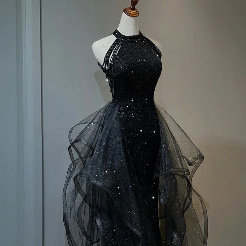High-grade Sequin Halter Evening Dress Women New Beading Tassel Ruffles Slim Shiny Cocktail Dresses Luxury Design Banquet Gown