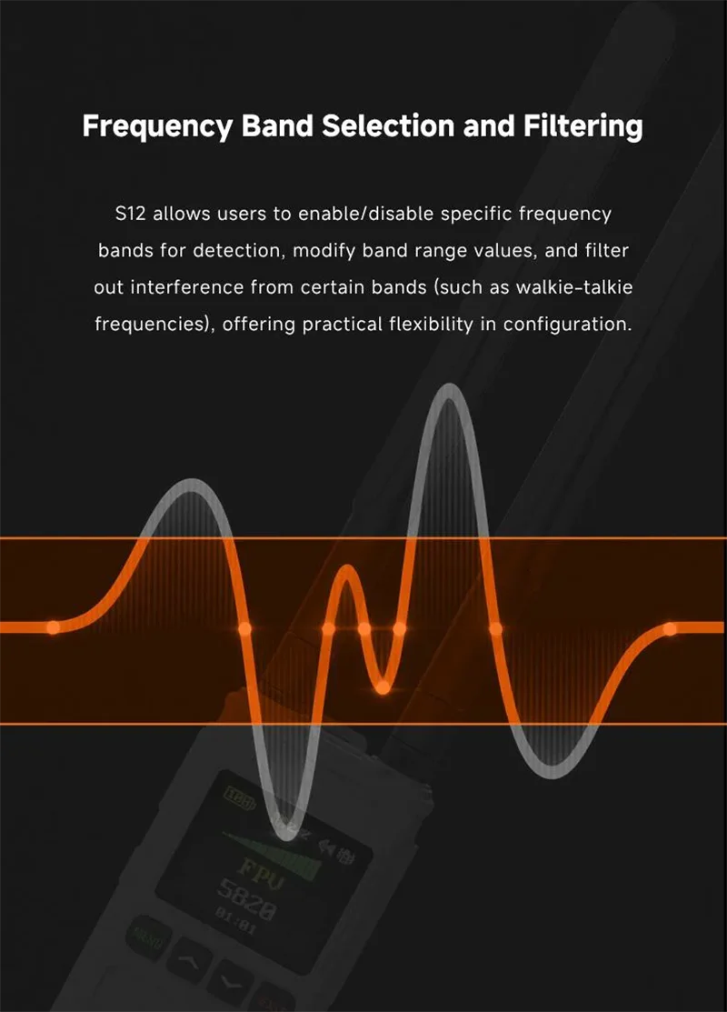 Skydroid S12 UAV Detector, S12 enables frequency band selection, range adjustment, and interference filtering for enhanced detection flexibility.