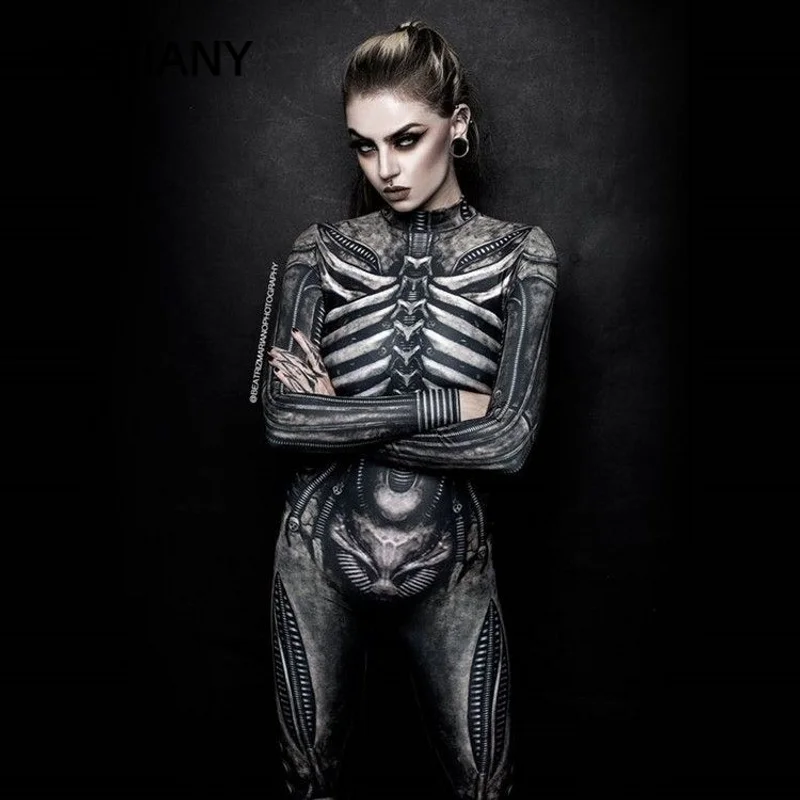 Women Clothing Long Sleeve 3D Printed Halloween Carnival Horror Human Skeleton Cosplay Costumes Tight Jumpsuit Zentai Bodysuit cosplay costume