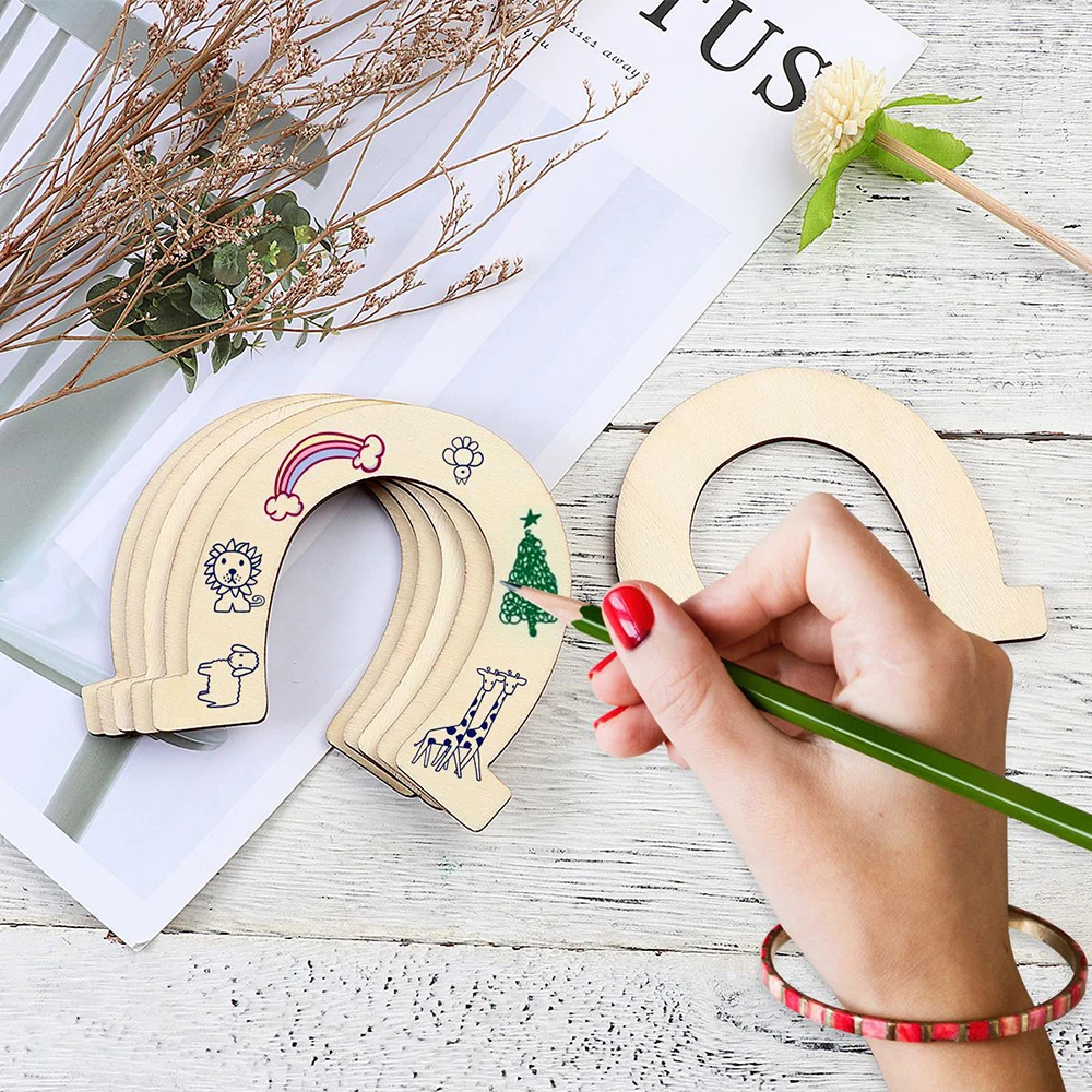 48Pcs Wood Discs Slices Horseshoe Shape Wood Gift Wooden Blanks Horseshoe Unfinished Wood Cutouts Natural Chip Shape