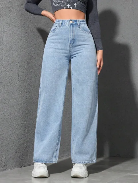 Jean rétro ample à jambes larges pour femmes, mode solide, lavage droit, taille haute élastique, pantalon en Denim, décontracté, Streetwear, pantalon à poches 3