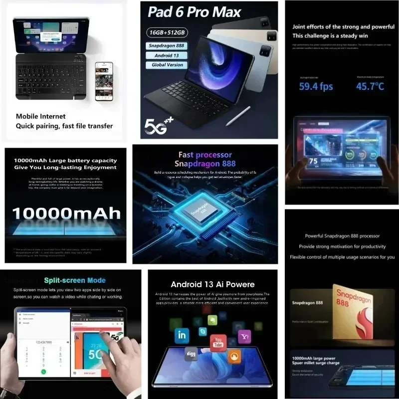 2024 글로벌 버전 패드 6 프로 태블릿, 안드로이드 13, 16GB, 1T, 11 인치, 10000mAh, 5G 듀얼 SIM 전화 통화, GPS, 블루투스, 와이파이 태블릿