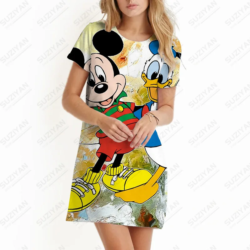

Summer Disney Printed Short Sleeve Sexy Party Dresses Basic Robe Knee-Length Dresses Office Lady Work Female Dress Women's Skirt