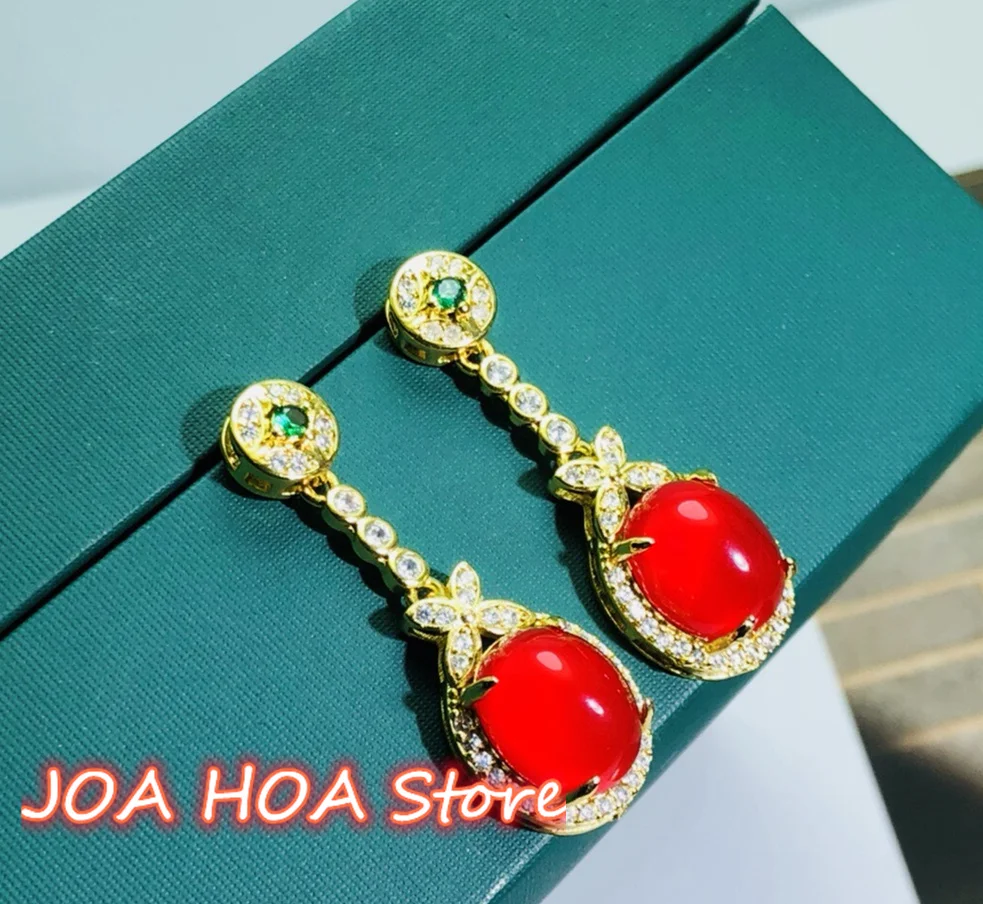 New Genuine 925 Silver Gold-plated Inlaid Natural Chalcedony Agate Jade Earrings Gift Accessories Perfect Red Eardrop Jewelry