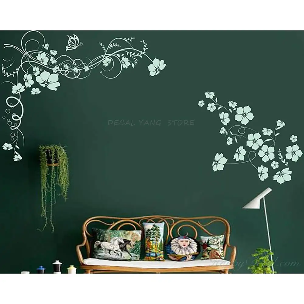 Flower Vine Flower Butterfly Decal, Stylish Home Wall Sticker, Vinyl