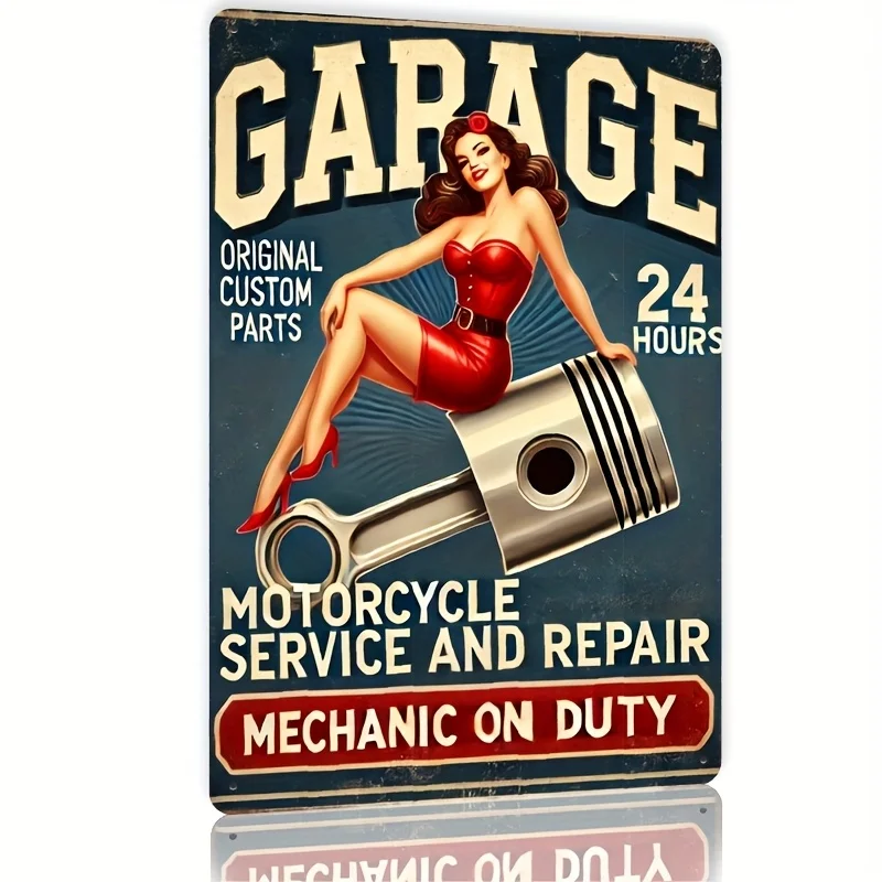 Letrero metálico para garaje de motocicletas, servicio y reparación 24/7, arte de pared retro con ilustración mecánica, perfecto para tiendas, bares y cafeterías