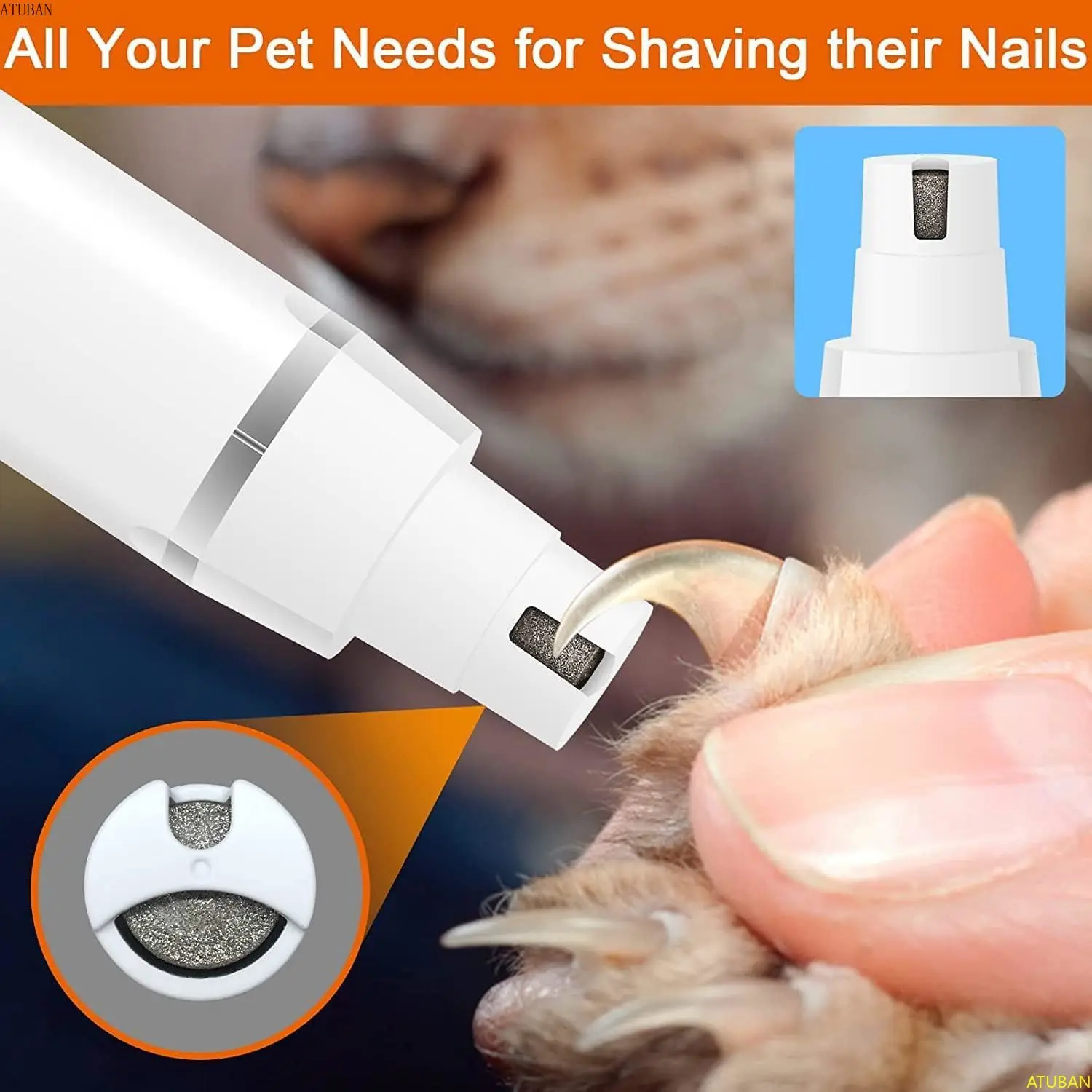 Pet Nail Grinder ATUBAN Dog Clippers Grooming Kit Hair Clipper-Low Noise Paw Trimmer-Cordless Quiet Nail Grinder Shaver for Cats Pets