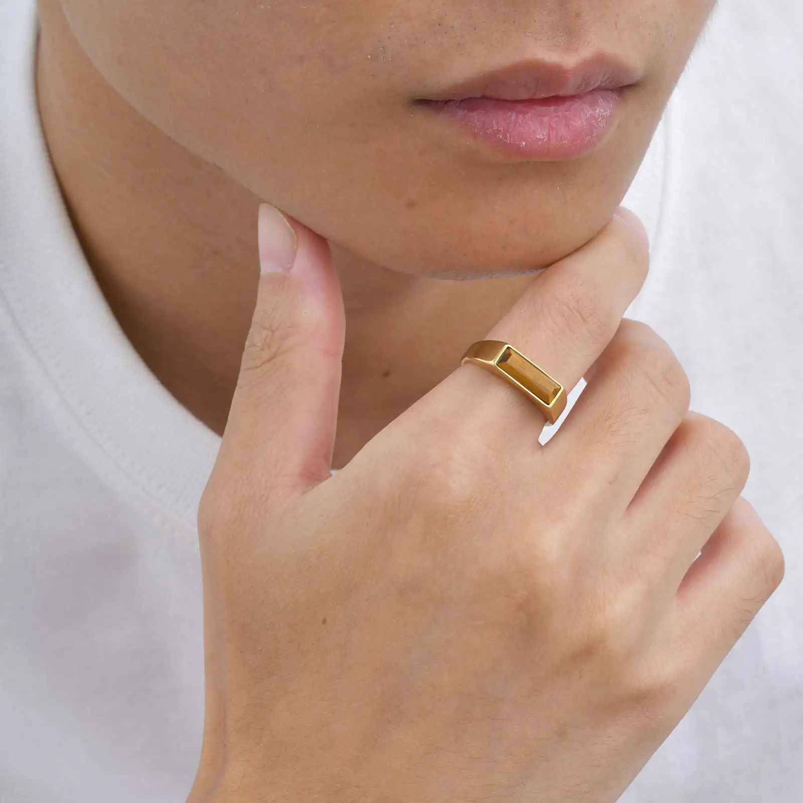 Vintage Quadratischer Naturstein-Siegelring für Herren, Minimalistischer Vergoldeter Edelstahlring, Modeschmuck Geschenk für Vater – Detail 5