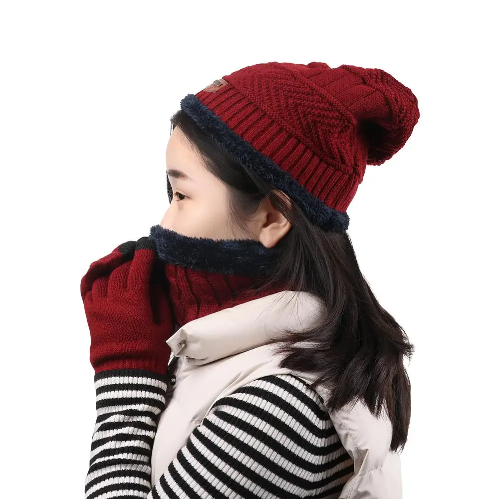 Winter 3 In 1 Mens Girl Beanie Hat And Neck Scarf Knitted Gloves Set winter hat winter accessories knitted hat scarf set