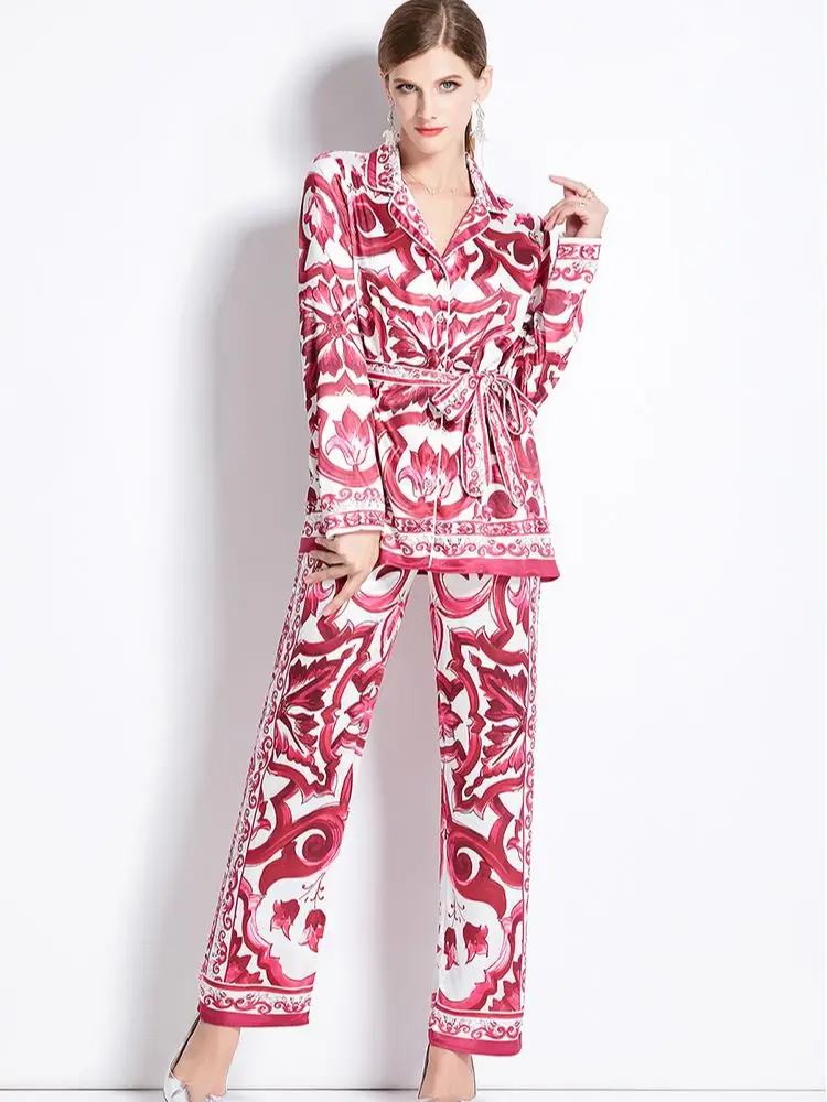 New Autumn Red Blue And White Porcelain Print Trousers Suit Women's Belt Notched Blouse Top + Wide Leg Pants Set Outfits N8730