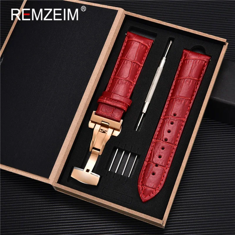 Premium Genuine Leather Watch Band with Stainless Steel Butterfly Clasp and Tool Set